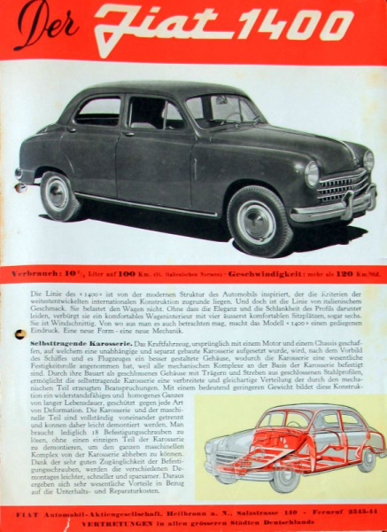 Fiat 1400 A Modellprogramm 1954 Automobilprospekt (10314)